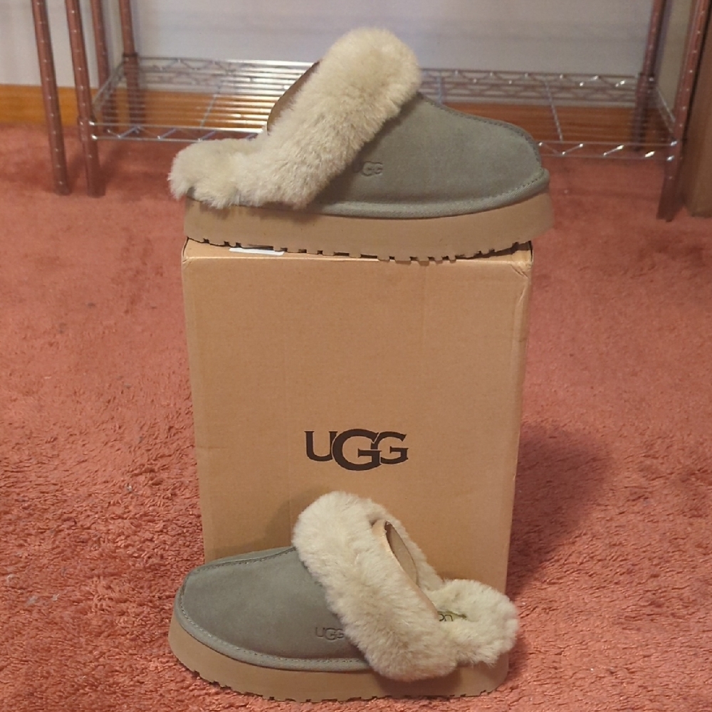 UGG Green Suede Shearling Clog Slippers